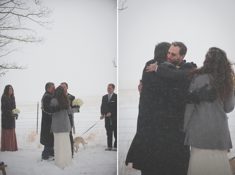 Father of bride giving bride away in the snow