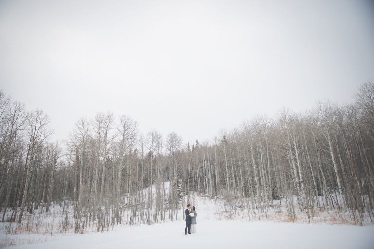 bride and groom in a winter aspen forest