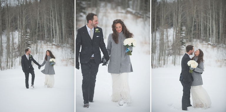 bride and groom running through the snow