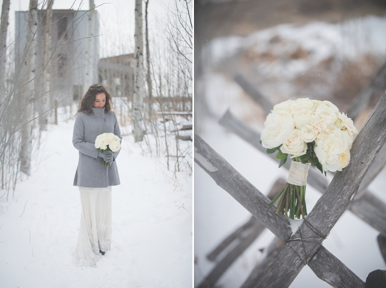 bride with a white bouquet in the snow